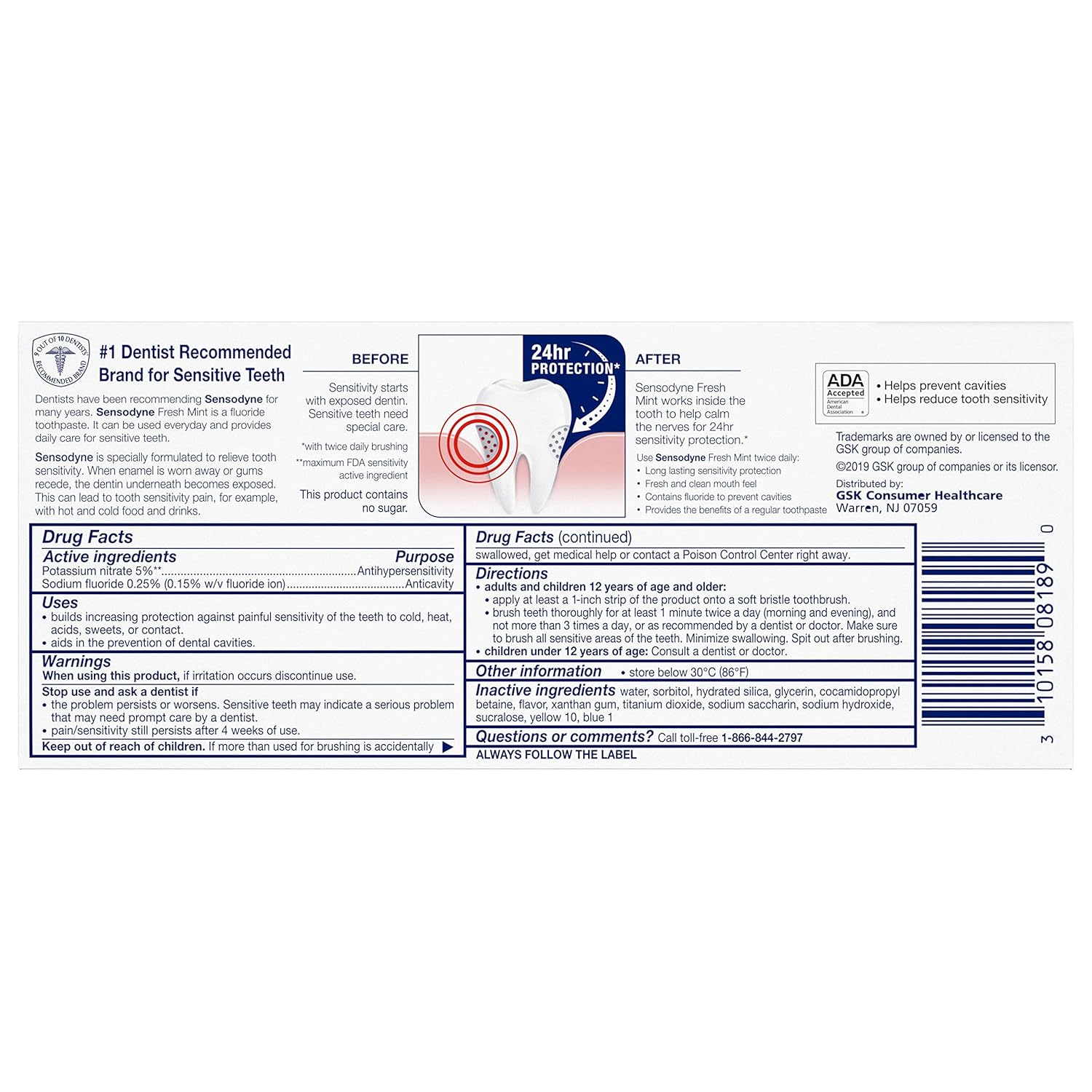 Sensodyne Fresh Mint Sensitive Toothpaste, Cavity Prevention and Sensitive Teeth Treatment - 4 Ounces (Pack of 2) : Beauty