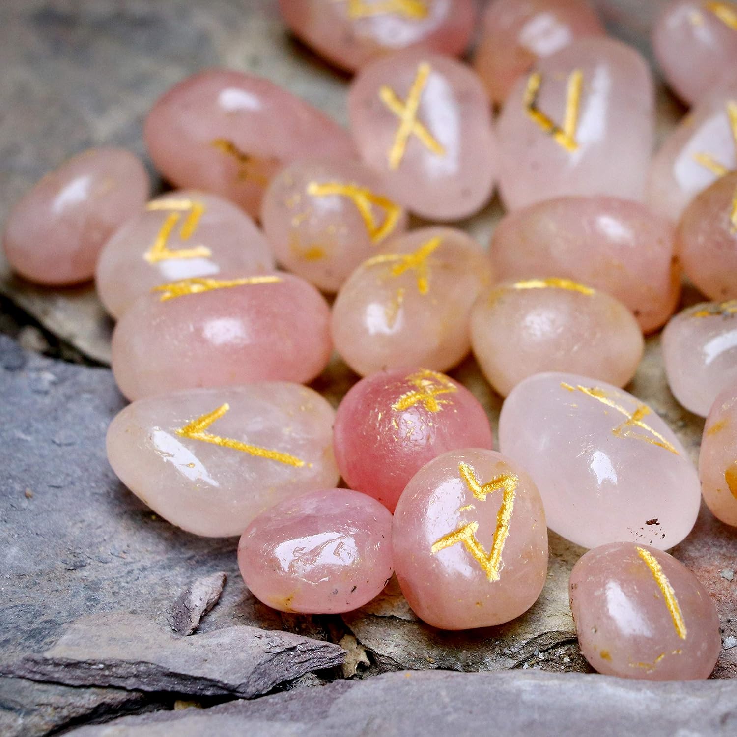 Crocon Rose Quartz Gemstone Rune Stone with Elder Futhark Alphabet Engraved Symbol 25 pcs Set for Feng Shui Reiki Crystal Healing Chakra Balancing Decor Size: 15-20 mm