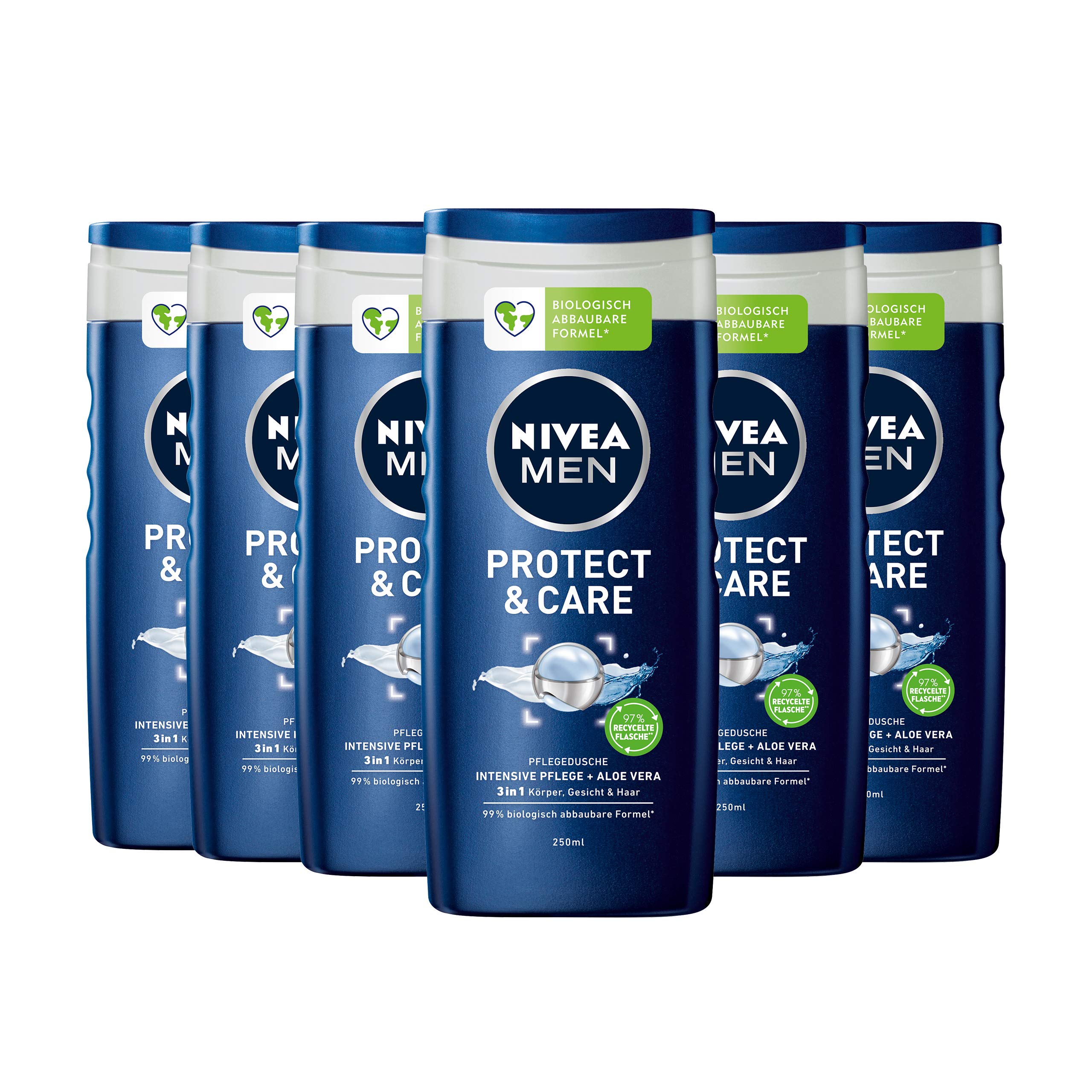 NIVEA MEN Protect & Care Shower Gel (6 x 250 ml), Moisturising Shower Gel with Aloe Vera, Mild Shower for Masculine Nourished Skin