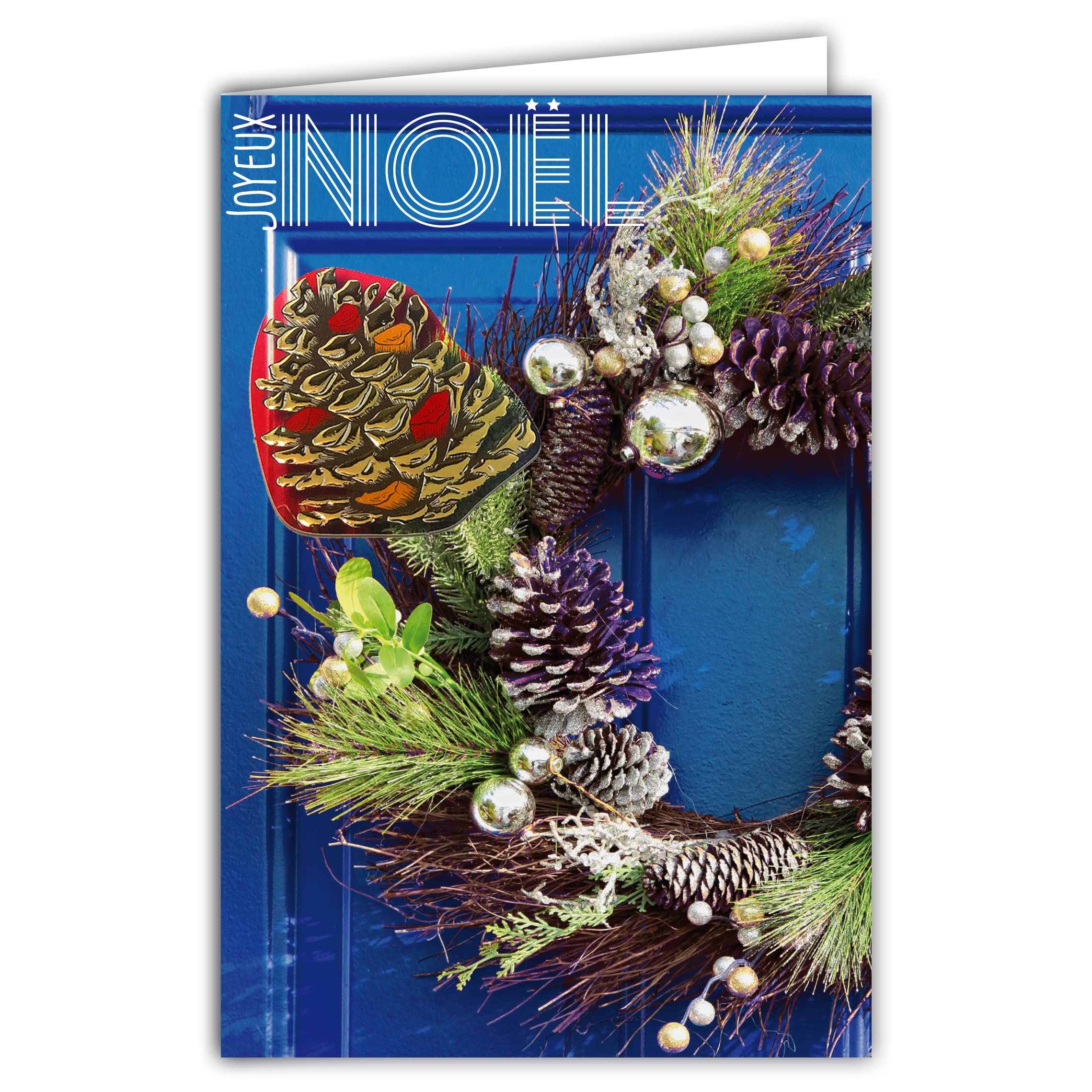 Afie 61-6049 Merry Christmas Card with Envelope and Collage Embossed Pine Cone in Gold Shiny Sparkling Sparkling Crown Mistletoe Balls Front Door Natural Decoration