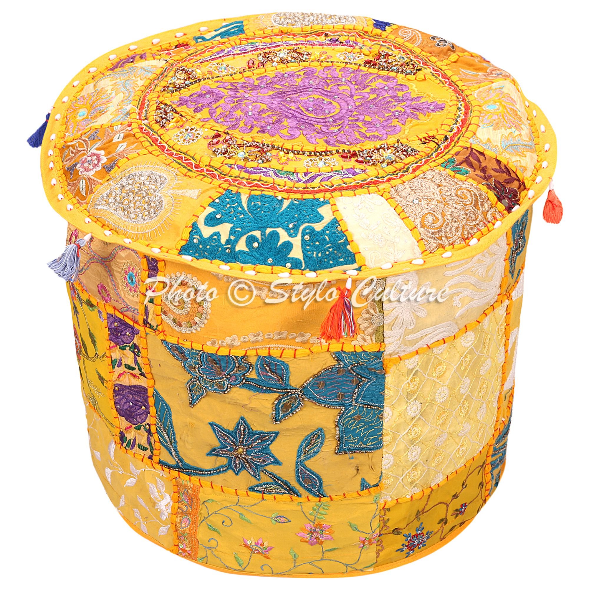 Stylo Culture Ottoman Pouffe Bench Footstool Cover Yellow Ethnic Embroidered Patchwork Cotton Traditional Round Fabric Ottoman Pouf Cover (16x16x13 Inch) 40cm (COVER ONLY)