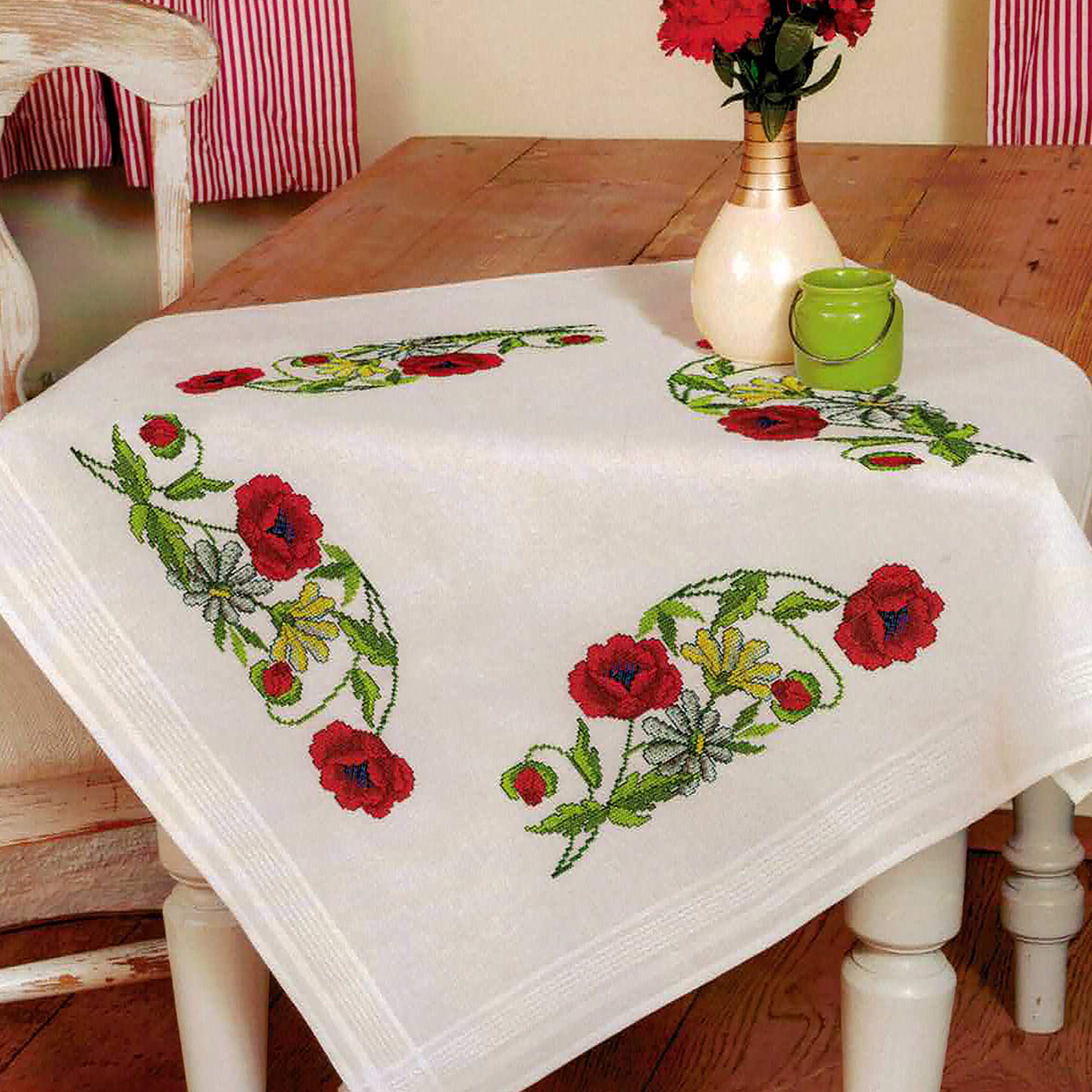 KAMACAEmbroidery Cross Stitch Pre-Drawn Cotton Kit, Template for Self-Embroidery, Adults (Poppies MD 80 x 80 cm)