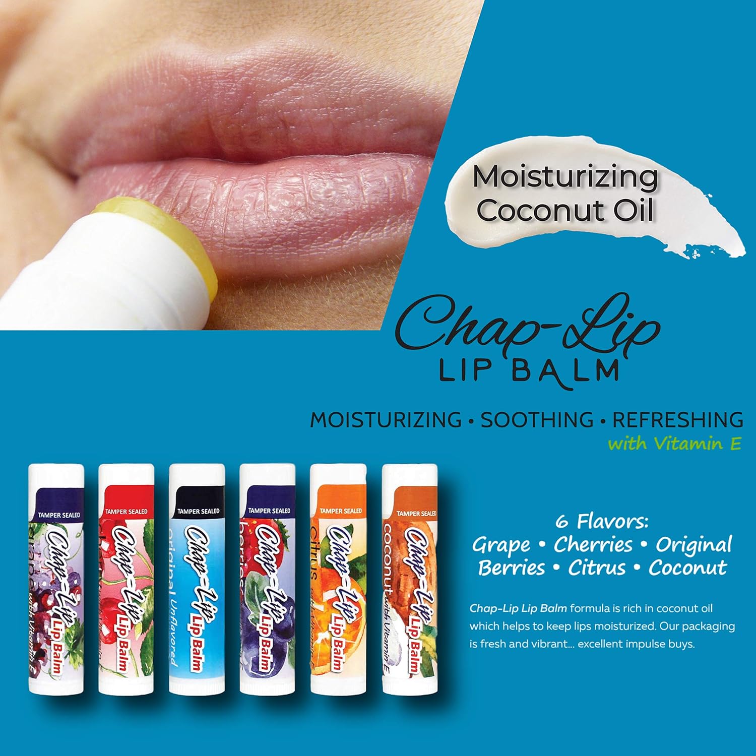 Chap-Lip Vitamin E Lip Balm with Coconut Oil - Lip Moisturizer Treatment - Moisturizing, Soothing, Refreshing, Total Hydration Treatment & Lip Therapy - Assortment of 6 Refreshing Flavors, 48 Count: Health & Personal Care