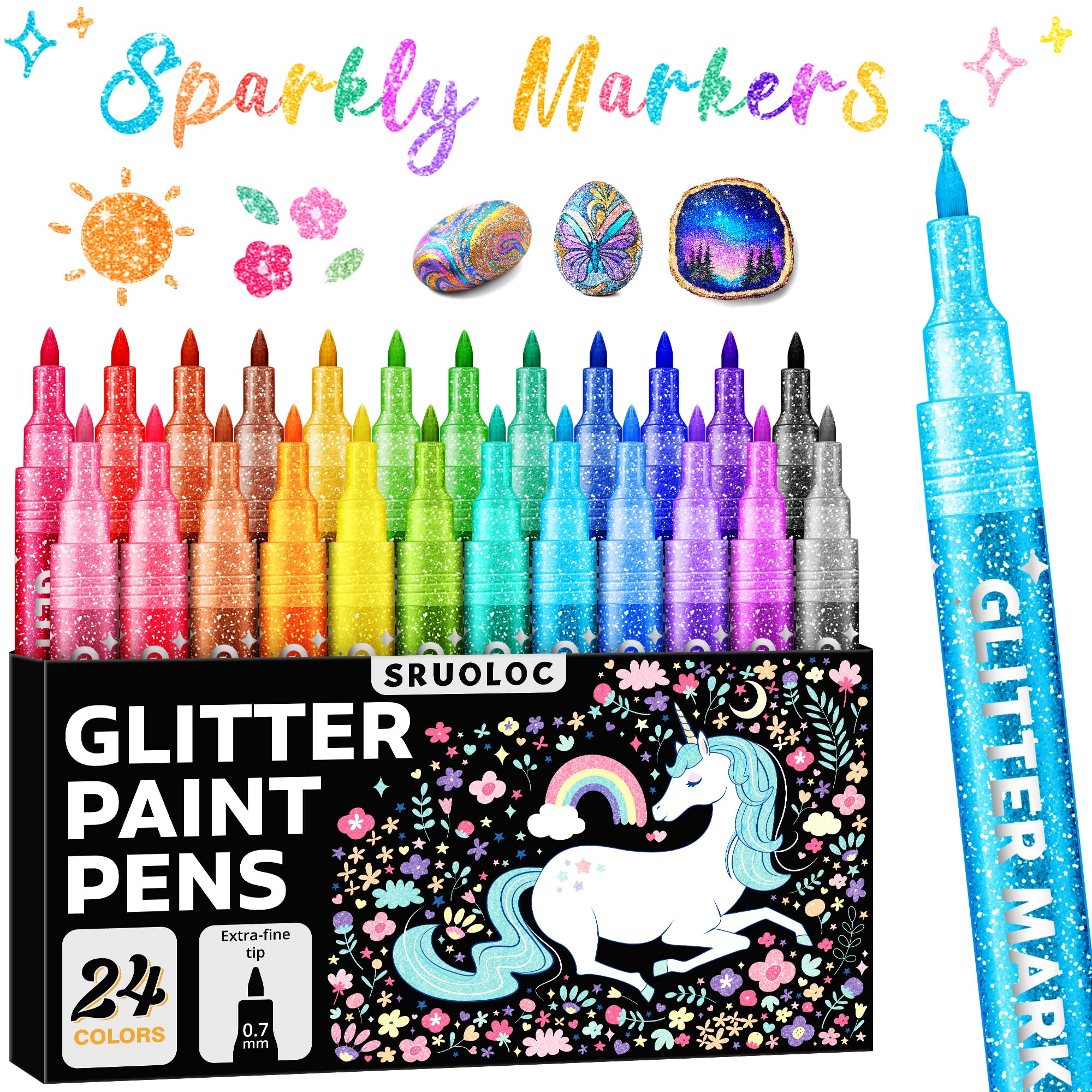 Photo 1 of SRUOLOC Glitter Markers Pens, 24 Colors Glitter Paint Pens Set Acrylic Sparkle Markers Teen Art Supplies for Scrapbooking, Cards, DIY Crafts, Adults Coloring, Extra-Fine Tip 0.7mm