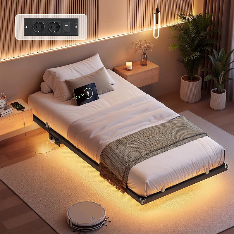 Lit Flottant 90 x 190 cm, avec Lumières LED, Station de Charge