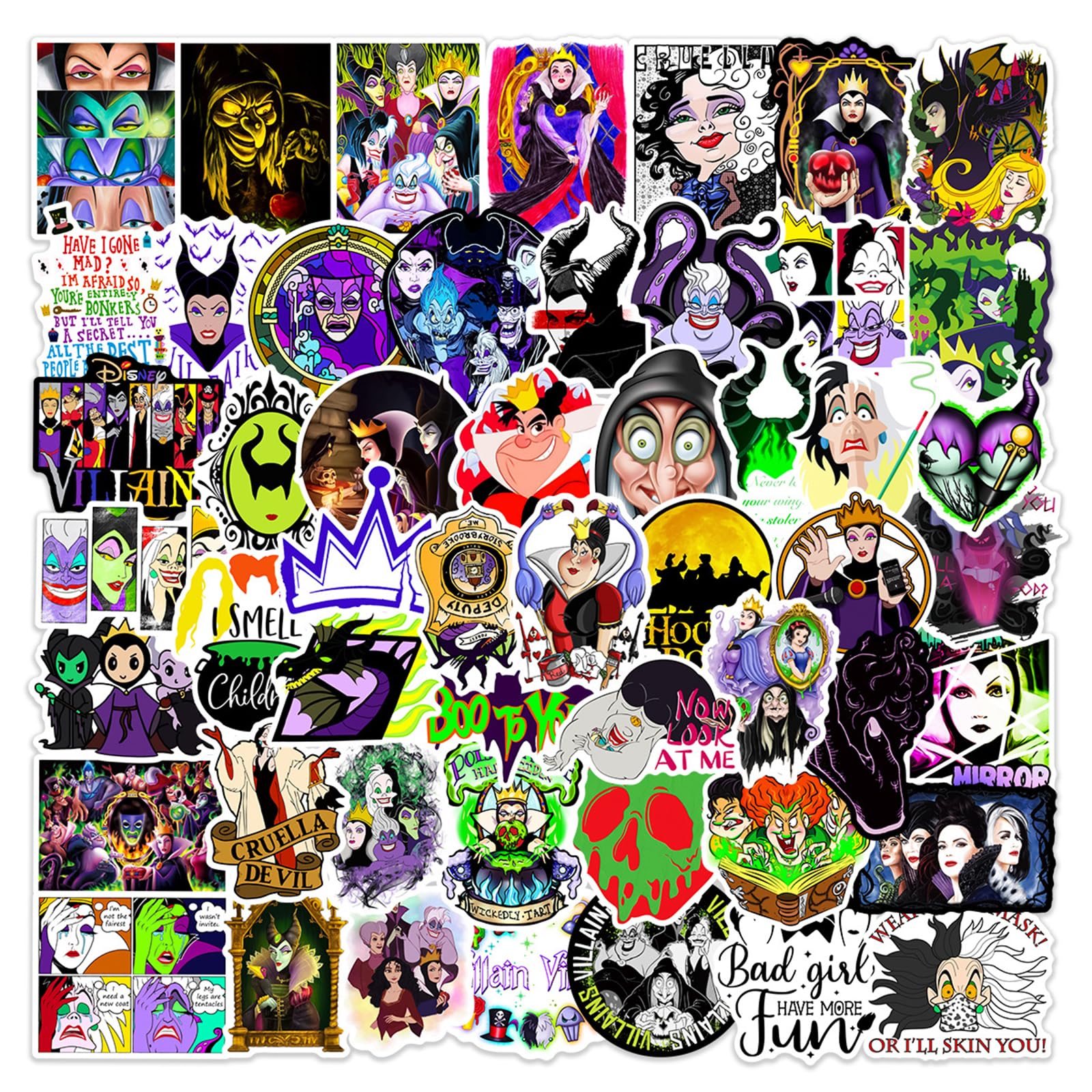 Villain Witch Stickers for Water Bottles 50pcs Halloween Cartoon Movie Witch Stickers for Boys Teens Adults Waterproof Vinyl Stickers Bulk