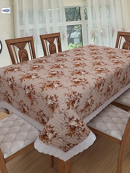 Clasiko 6 Seater PVC Table Cover; Brown Flowers On Light Brown Base; Anti Slip; 60x90 Inches; 6 Seater