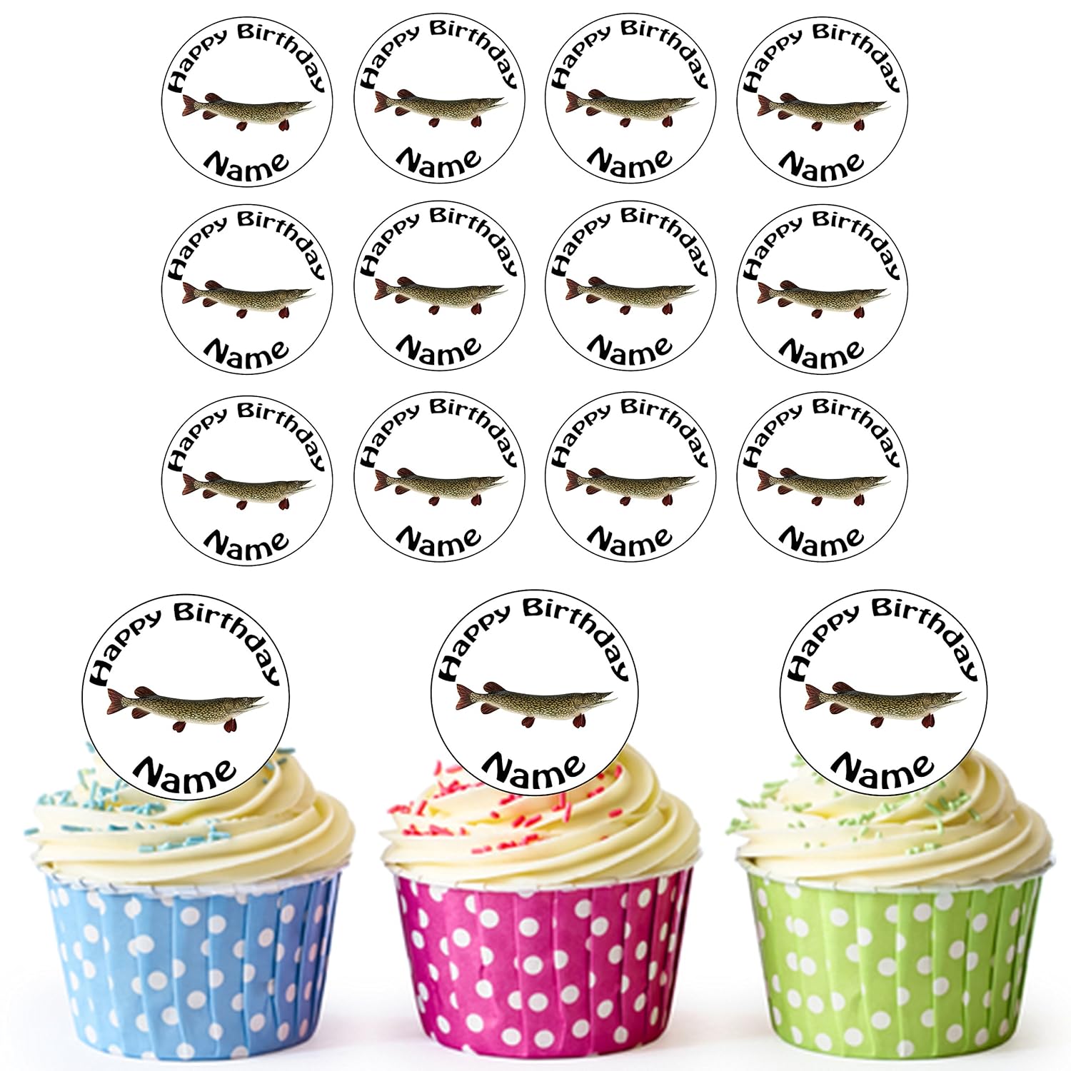 Fishing Pike 24 Personalised Edible Cupcake Toppers Birthday Cake