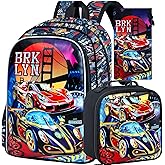 KLFVB 3PCS Racing Car Backpack for Boys, Water Resistant Kids Bookbag with Lunch Box, 16" Preschool Backpacks for Elementary - Racing Red