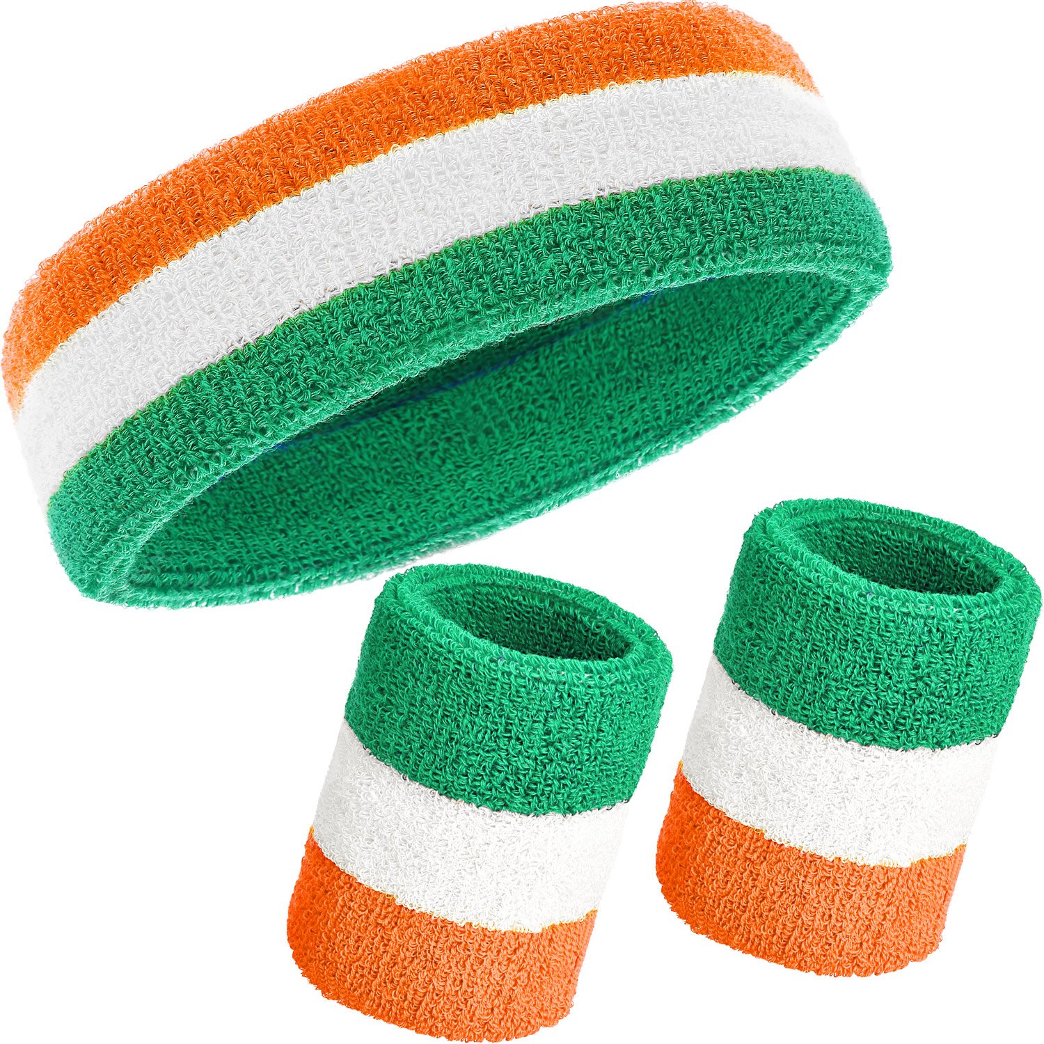 3 Pieces Sweatbands Set, Includes Sports Headband and Wrist Sweatbands Cotton Striped Sweat Band for Athletic Men and Women (Orange, White and Green)