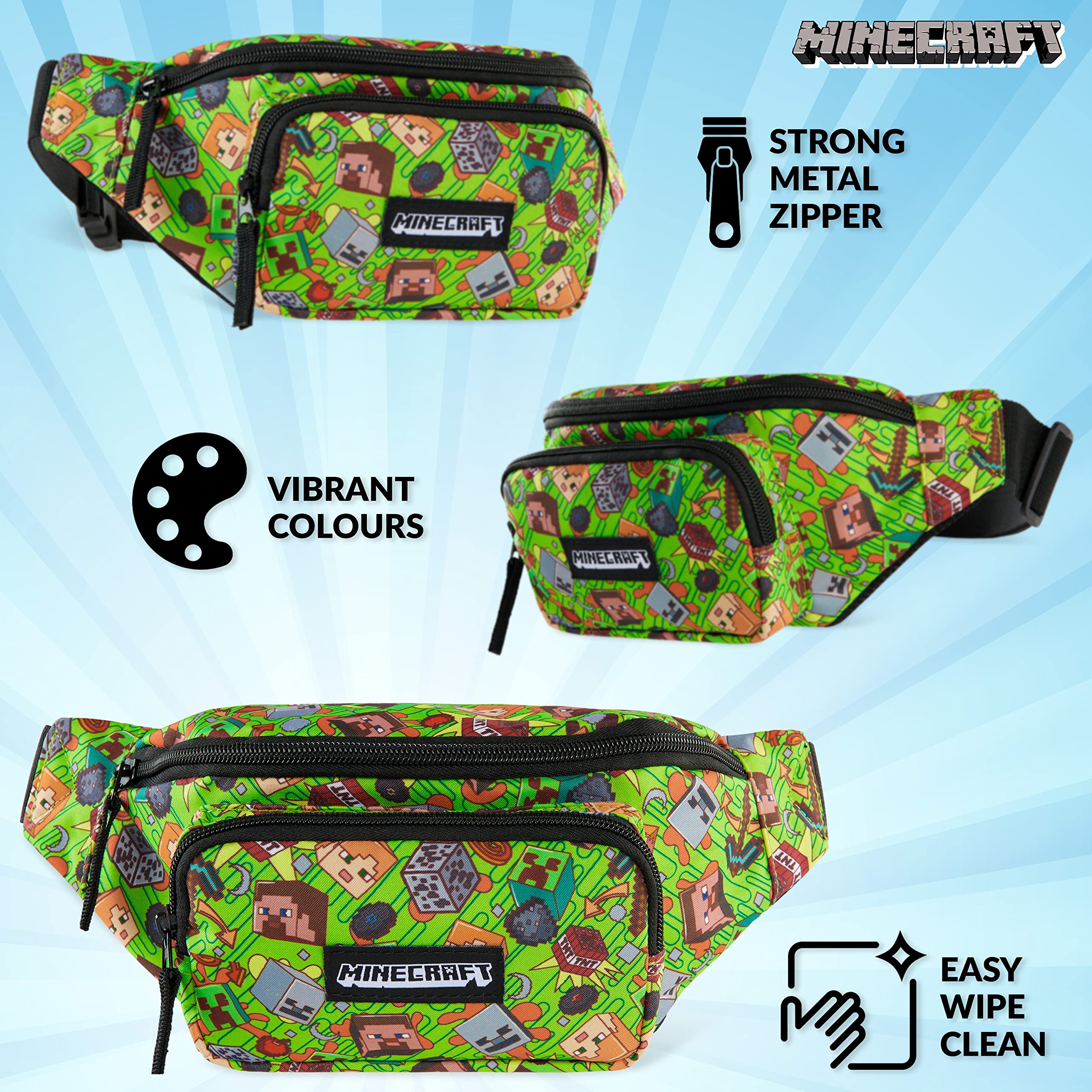 Minecraft Boys Fashion Waist Pack with Adjustable Strap, Creeper Travel Bag - Gamer Gifts (Multi)