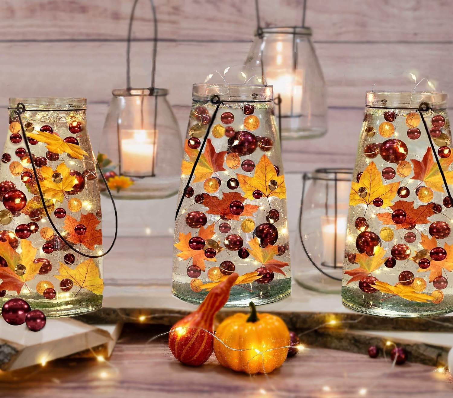 Vase Fillers - 70 Floating Realistic Shades of Fall Leaves,Sparkling Gems & Pearls-Fills 1 Gallon of Gels for The Floating Effect-with Measured Transparent Gels Floating Kit/Prep Bag-So No Guessing-Vase Decorations
