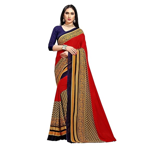 georgette with blouse piece Saree (1560_ Red_ free size)