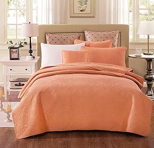 Tache Home Fashion Tuscany Sunrise Solid Floral Bedspread Set, Twin, Orange
