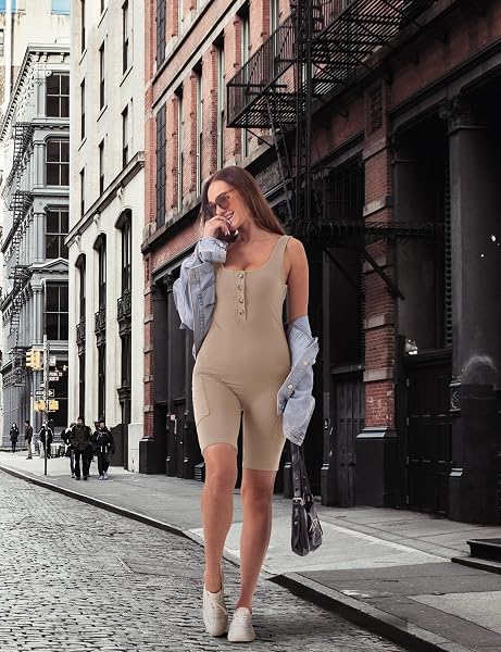 SUNNYBUY WOMEN’S SUMMER WORKOUT ROMPER ATHLETIC ONE PIECE BODYSUIT TUMMY CONTROL JUMPSUIT WITH POCKETS