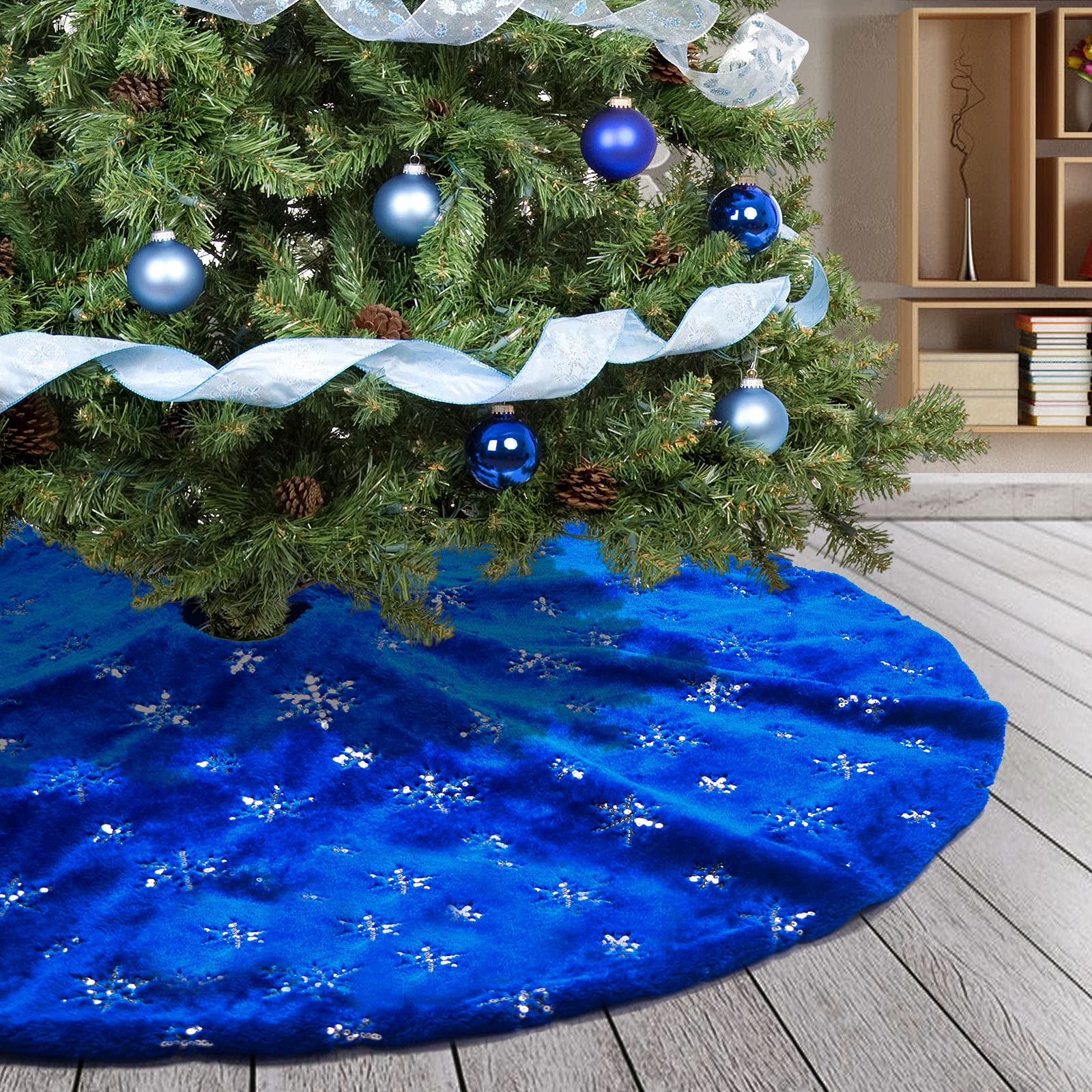 DecroXmas Christmas Tree Skirt 48 Inches Blue Faux Fur With Sliver Sequined Snowflake Xmas Tree Mat Base for New Year Party Decoration