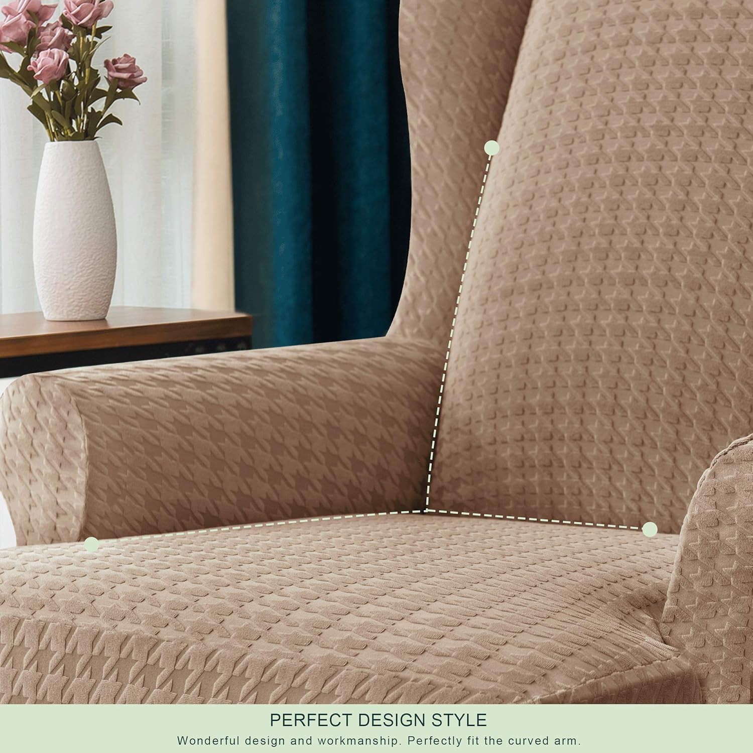 CHUN YI 2 Piece Stretch Houndstooth Wingback Chair Cover, Soft Armchair Couch Slipcovers Spandex Fabric with Elastic Bottom for Living Room, Machine Washable Furniture for Kids and Pets(Camel): Home & Kitchen