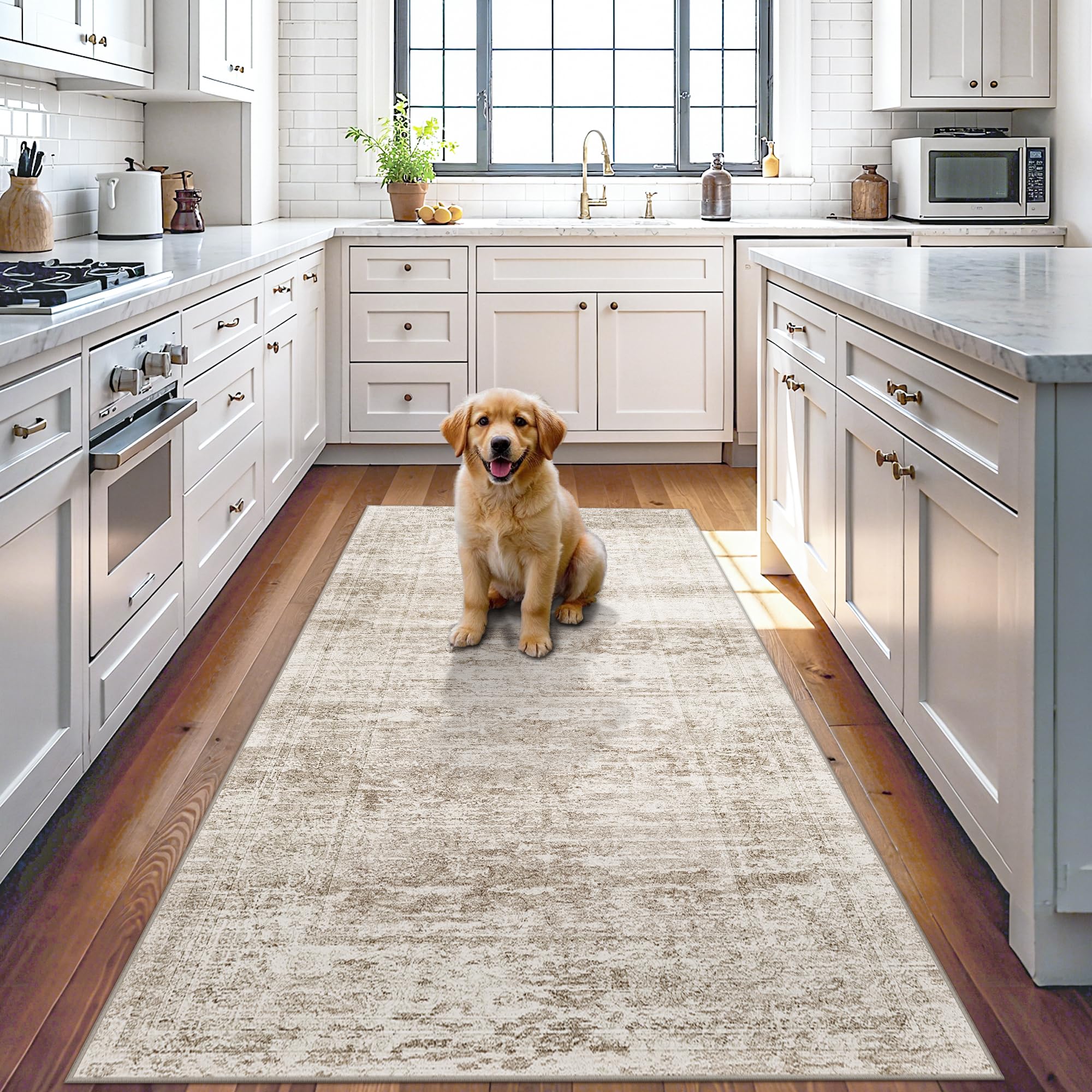 TOPRUUG 3x6 Washable Runner Rug: 6ft Runners for Hallways Soft Non Slip Kitchen Rugs for Bedroom Bathroom Entryway - Stain Resistant Vintage Floral Carpet (Beige/Ivory, 3X6) Image