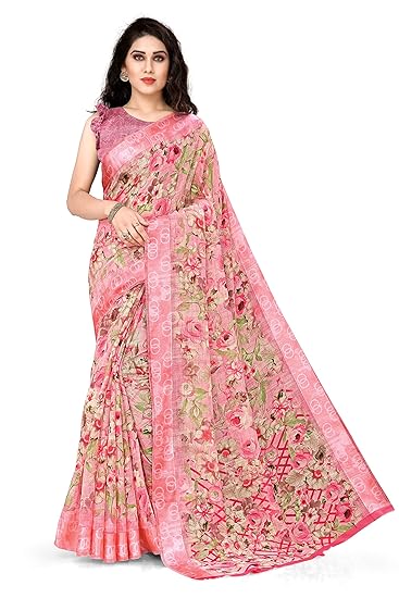 Womens Poly Cotton Printed Saree (17086-Pink)
