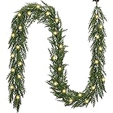 Valery Madelyn 9 Ft Artificial Norfolk Pine Garland for Mantle, Real Tough Christmas Cedar Garland with Light, Lighted Winter Pine Branches for Home Stairs Fireplace Table Indoor Outdoor Holiday Decor