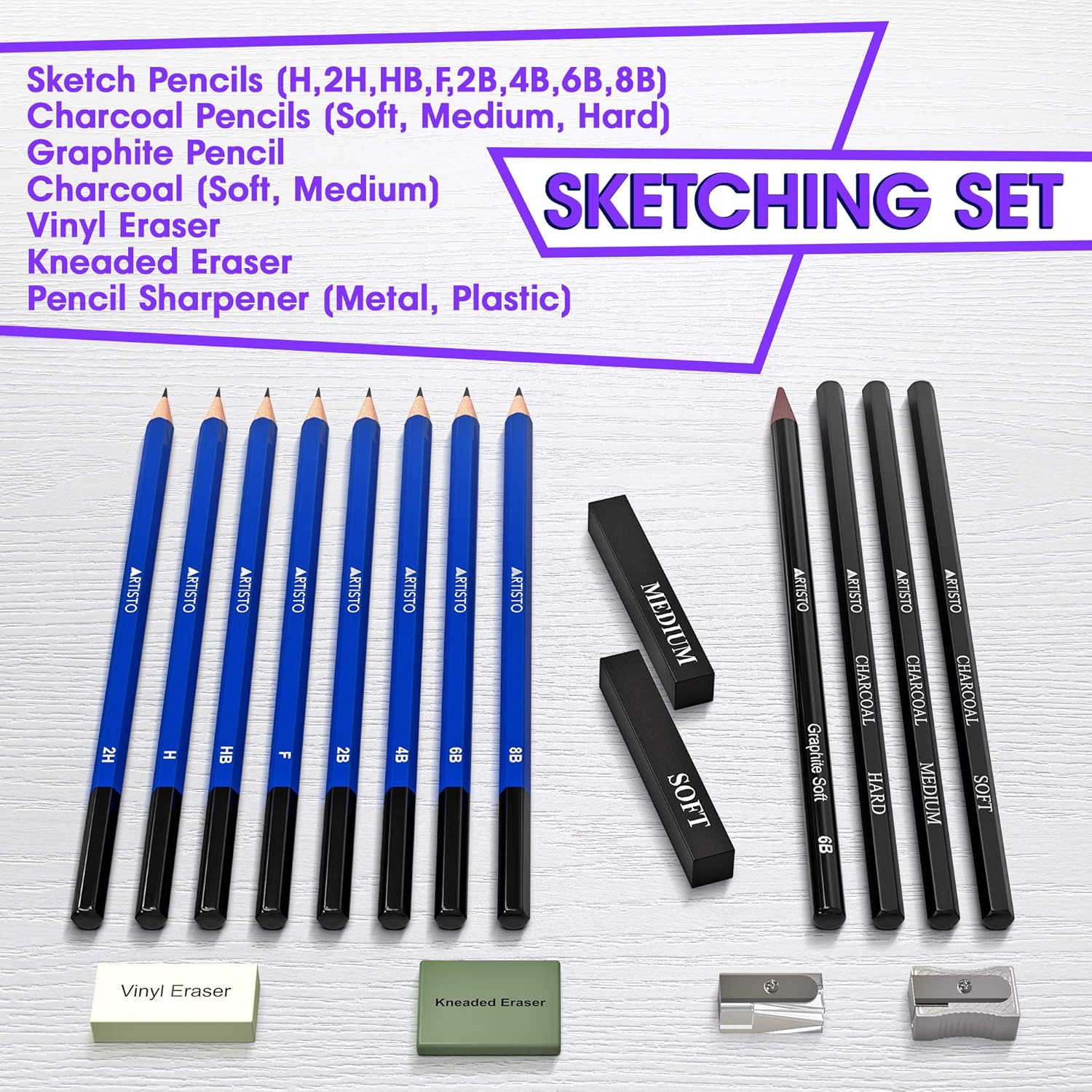 Artisto Drawing and Sketching Pencil Art Set (18 Items), Perfect for Beginners, Kids or Any Aspiring Artist, Includes Graphite Pencils and Sticks, Charcoal Pencils, Erasers and Sharpeners : Office Products