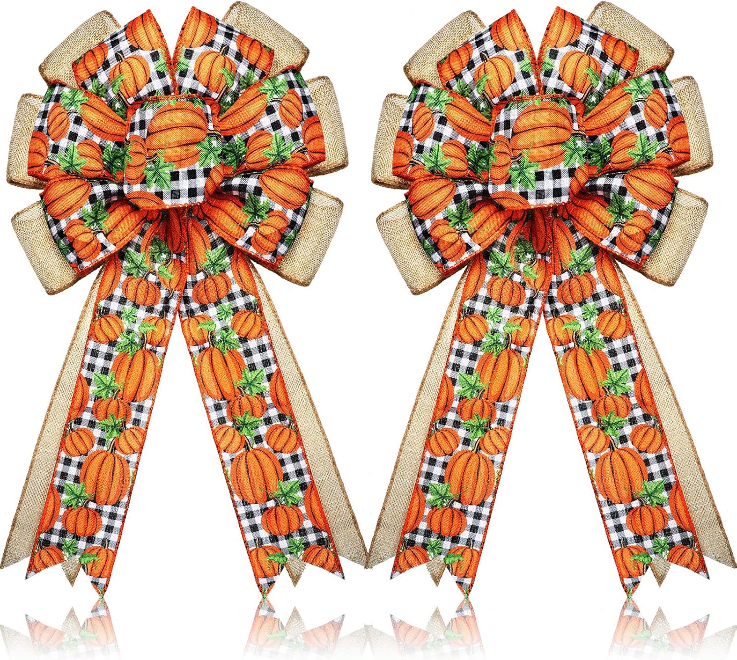Bows & Ribbons - Chunyin 2 Pcs Fall Wreath Bow Large Thanksgiving Wreath Bow Orange Pumpkin Burlap Wreath Bow Black White Buffalo Plaid Bow Thanksgiving Tree Topper for Front Door Home Indoor Outdoor Decor