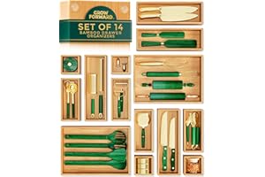 Grow Forward Bamboo Drawer Organizer Boxes - Set of 14 Wooden Drawer Organizers for Kitchen, Bathroom, Office, Desk, Vanity, Makeup - Non-Slip Junk Drawer Organizer Trays for Storage and Organization