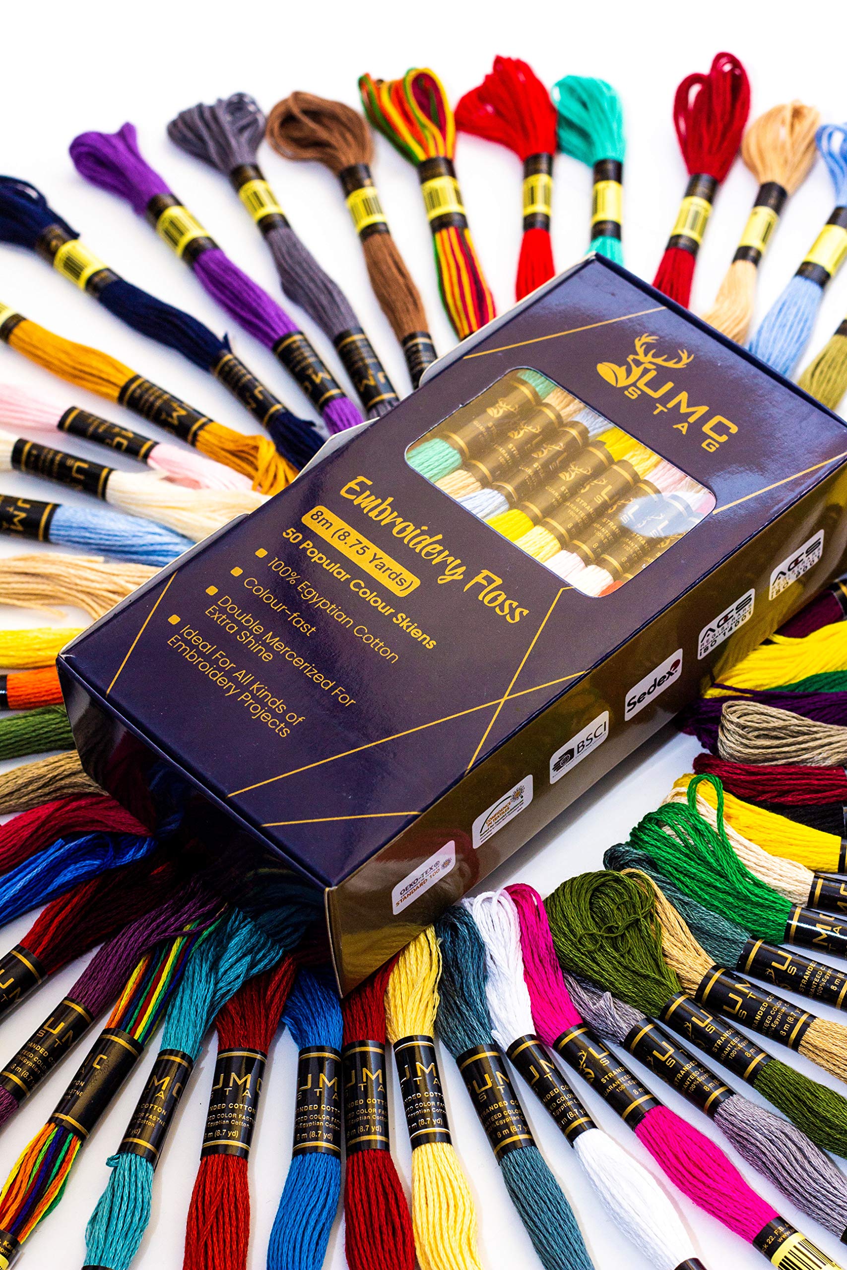 Pack of 50 Popular Colours Premium Embroidery Thread | 100% Egyptian Cotton Premium Skeins | Cross Stitch Embroidery Floss | Oeko TEX Certified Stranded Cotton | Ideal for Arts & Crafts
