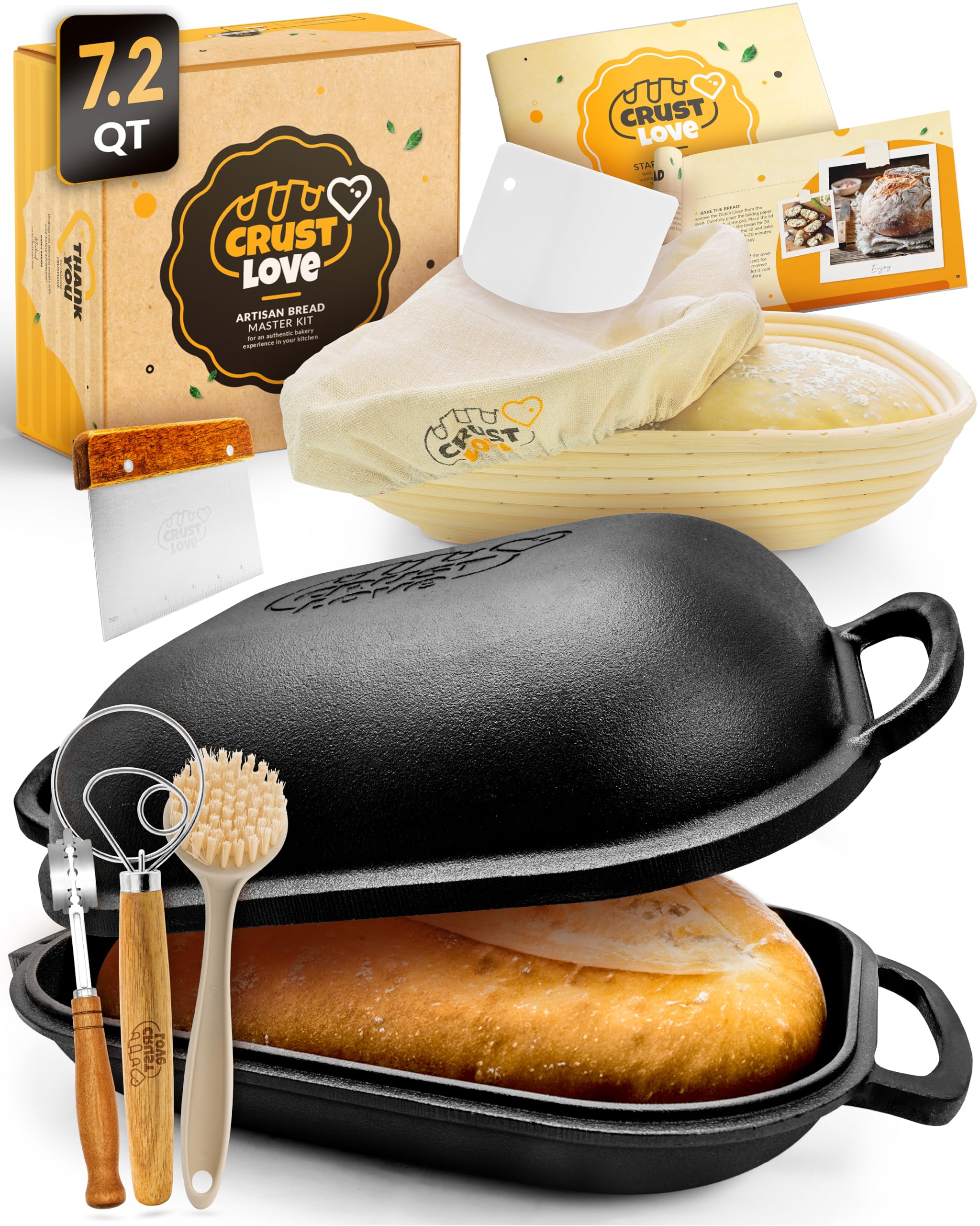 CRUSTLOVE Cast Iron Bread-Pan with Lid - incl. Sourdough Bread Baking Supplies - like Banneton Bread-Proofing Basket - 7.2QT Bread-Oven Dutch, Oven for Bread-Baking Cast Iron Pan Scoring Tool Lame Kit Image