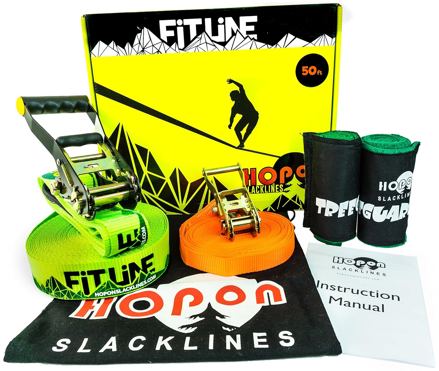 HopOn Slacklines Complete Slackline Kit for Kids & Adults - 50 ft Fitline Includes Training Line, 2x Treeguards Tree Protection + Carrying Bag - for Fitness, Balance, Exercise and Fun - Eas