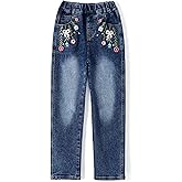 KIDSCOOL SPACE Girls Jeans, Ribbed Elastic Waist Embroidered Denim Pants