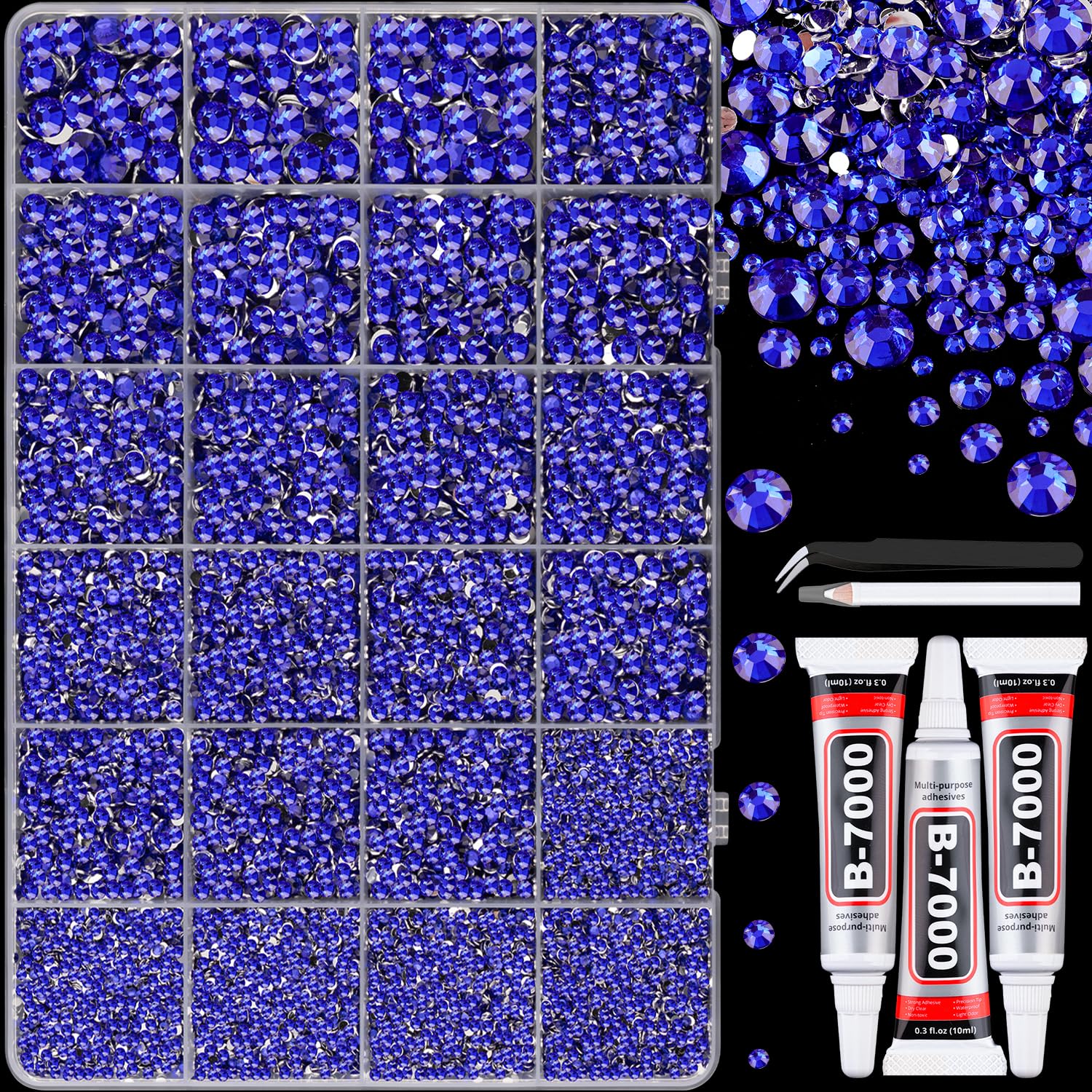 Photo 1 of 25000Pcs Resin Rhinestones with Tweezers for Crafting, Royal Blue Flatback Gems, Bedazzling Crystal with 3Pcs 10ml B7000 Jewelry Glue for DIY Crafts Clothing Tumblers Shoes Fabric Nail Art