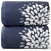 Cute Bath Towels Set of 2 (Denim Blue) - Large 55” x 28”, Decorative Hydrangea Floral Jacquard, Bathroom & Guest Room Decor, Cotton