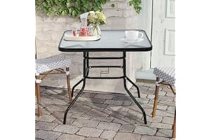 BIQWBIC 32" Patio Table with with Umbrella Hole, Square Outdoor Dining Table Bistro Table with Glass Table Top, All Weather Small Outdoor Table for Pool, Lawn, Backyard, Balcony