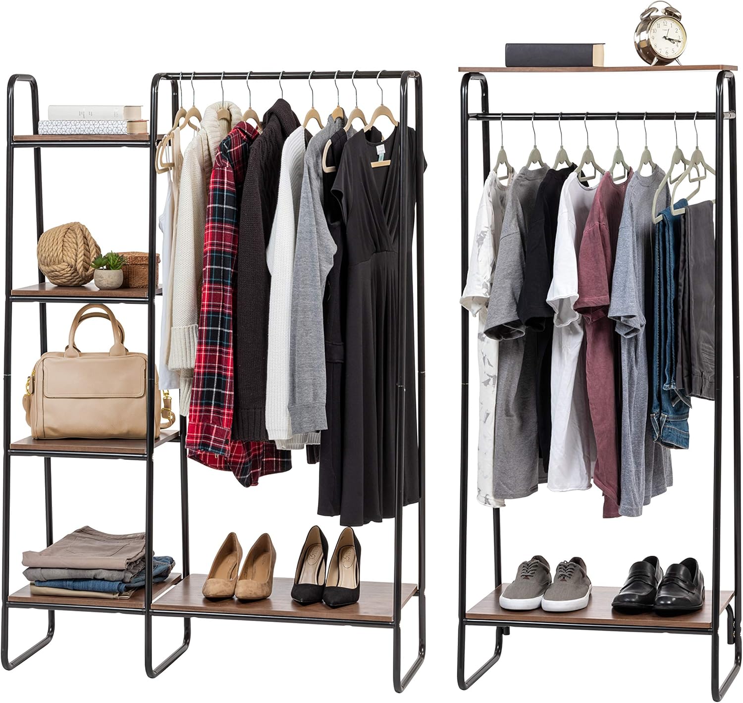 IRIS USA Metal Garment Rack with Wood Shelves Combo, Black/Dark Brown