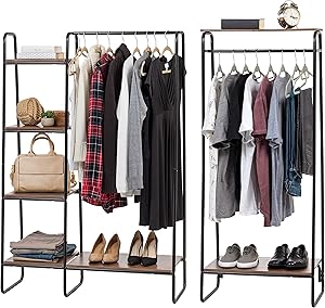 IRIS USA Metal Garment Rack with Wood Shelves Combo, Black/Dark Brown