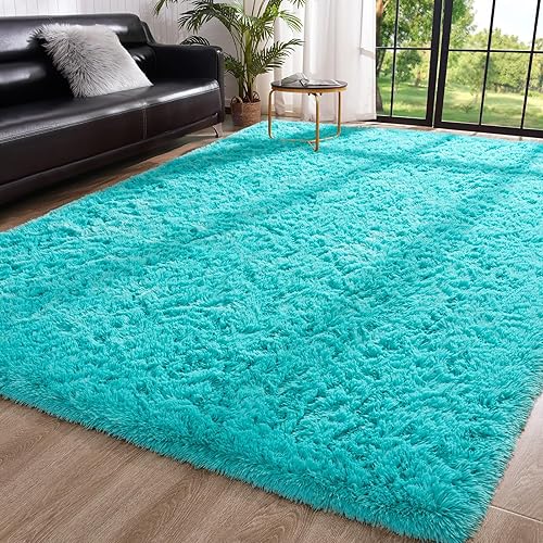 Toneed Fluffy Bedroom Rug, 5 x 8 Feet Shaggy Area Rug Modern Furry Rug Plush Fuzzy Carpet for Living Room Drom Kids Room Nursery Kindergarten Home Decorative, Teal