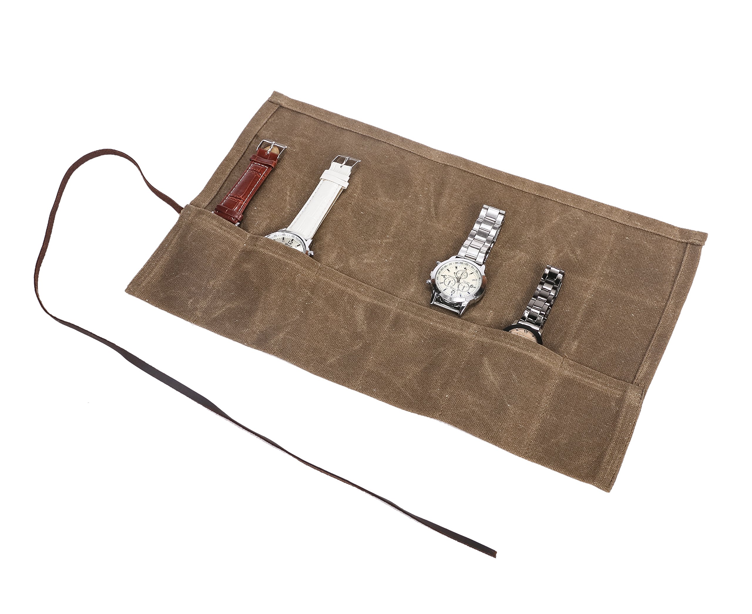 Waxed Canvas Watch Roll Handmade Waterproof Multi-Purpose Travel Case Watch Roll-up Organizer Holds 6 Wristwatches Best Gift for Him Her Boyfriend Girlfriend Mom Dad Wife & Husband HGJ03-I