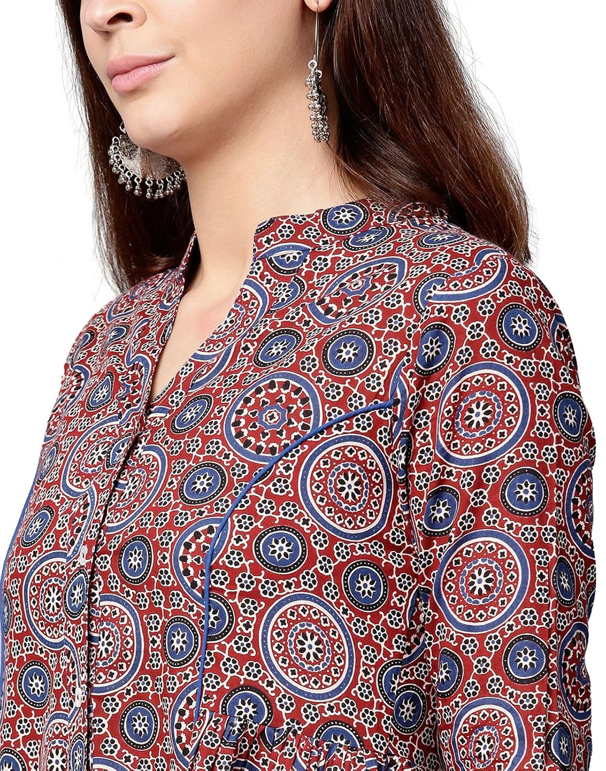 jaipur kurti women maroon & blue geometric straight cotton kurta with palazzo