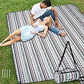 WICKERLAND Picnic Blankets Extra Large Outdoor - Beach Blanket Waterproof Sandproof with Shoulder Strap, Machine Washable, Picnic Mat with Stakes for Grass Concert, Park.BohoGeometry