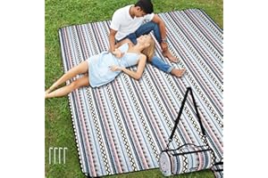 WICKERLAND Picnic Blankets Extra Large Outdoor - Beach Blanket Waterproof Sandproof with Shoulder Strap, Machine Washable, Picnic Mat with Stakes for Grass Concert, Park.BohoGeometry