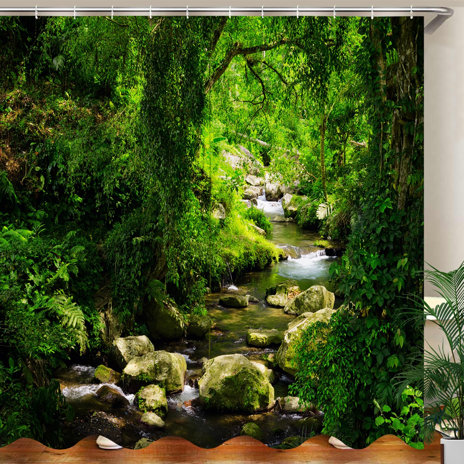 JOOCAR Garden Shower Curtain, Green Nature Forest Jungle Tropical Rainforest Woodland Stream Mossy Rocks Summer Landscape Scenery, Waterproof Cloth Fabric Bathroom Decor Set with Hooks, 183x183 cm