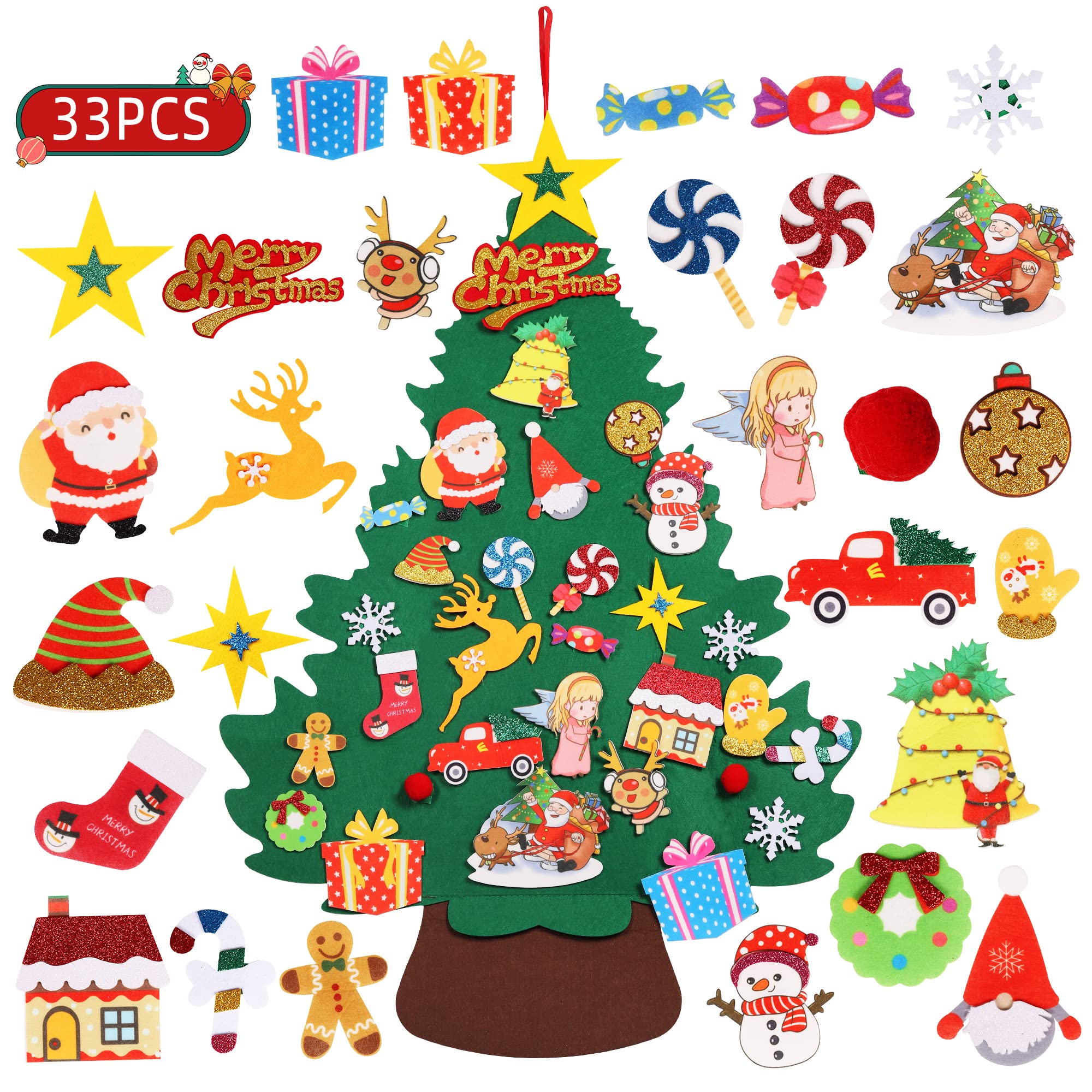 LEUOSO Felt Christmas Tree for Toddlers, 3.28ft DIY Door Wall Hanging Felt Christmas Tree with 33pcs Ornaments, Double-Sided Velcro Detachable Personalised Gold Powder Decor for Kids Christmas Gifts