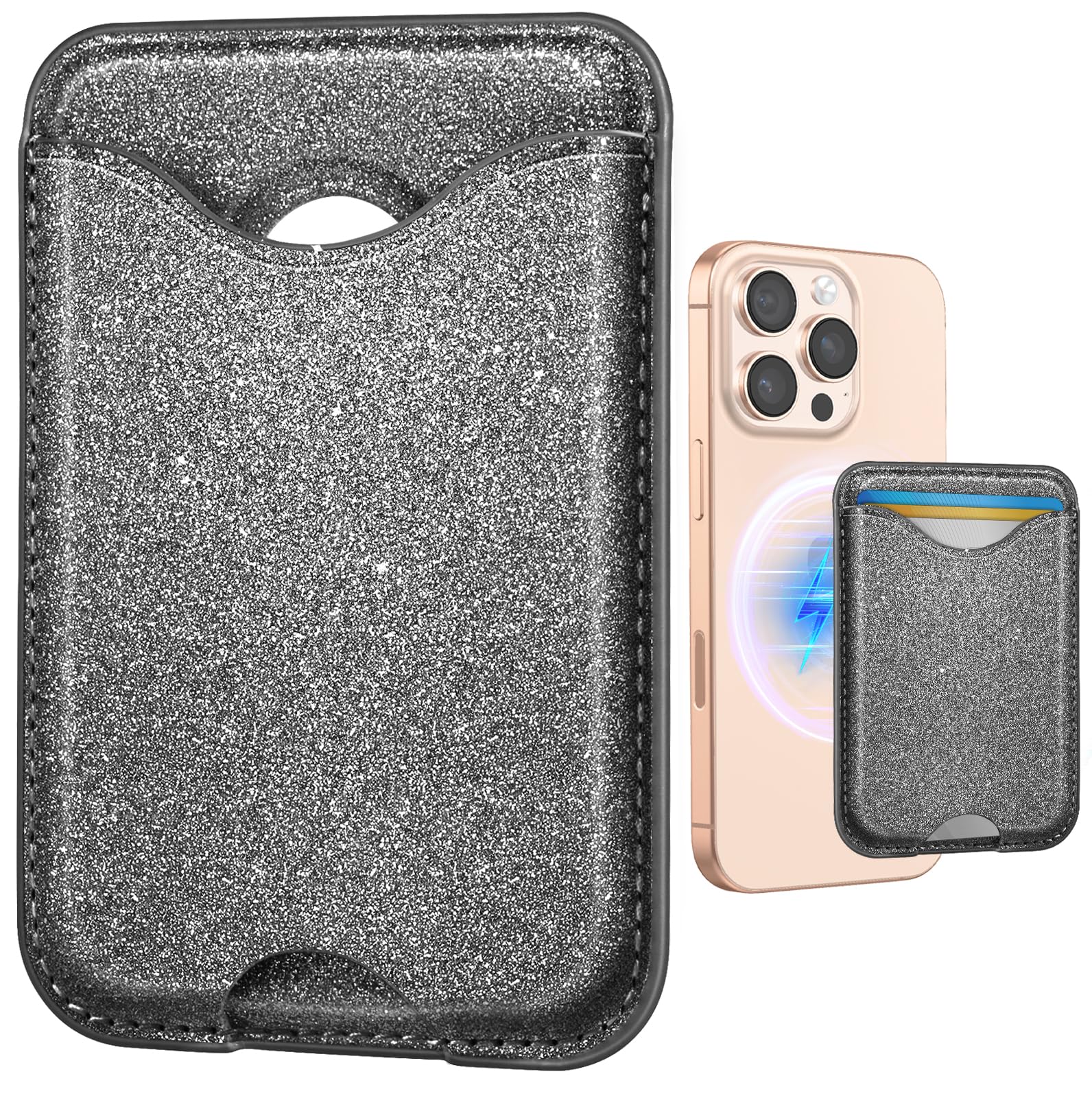 Shorogyt Compatible with Magsafe Wallet Magnetic Card Holder - Glitter Grey Phone Wallets for Women Teen Girls Fashion for iPhone 17/16/15/14/13/12 Series Slim for Apple Mag RFID Magnet, Fit 3 Cards