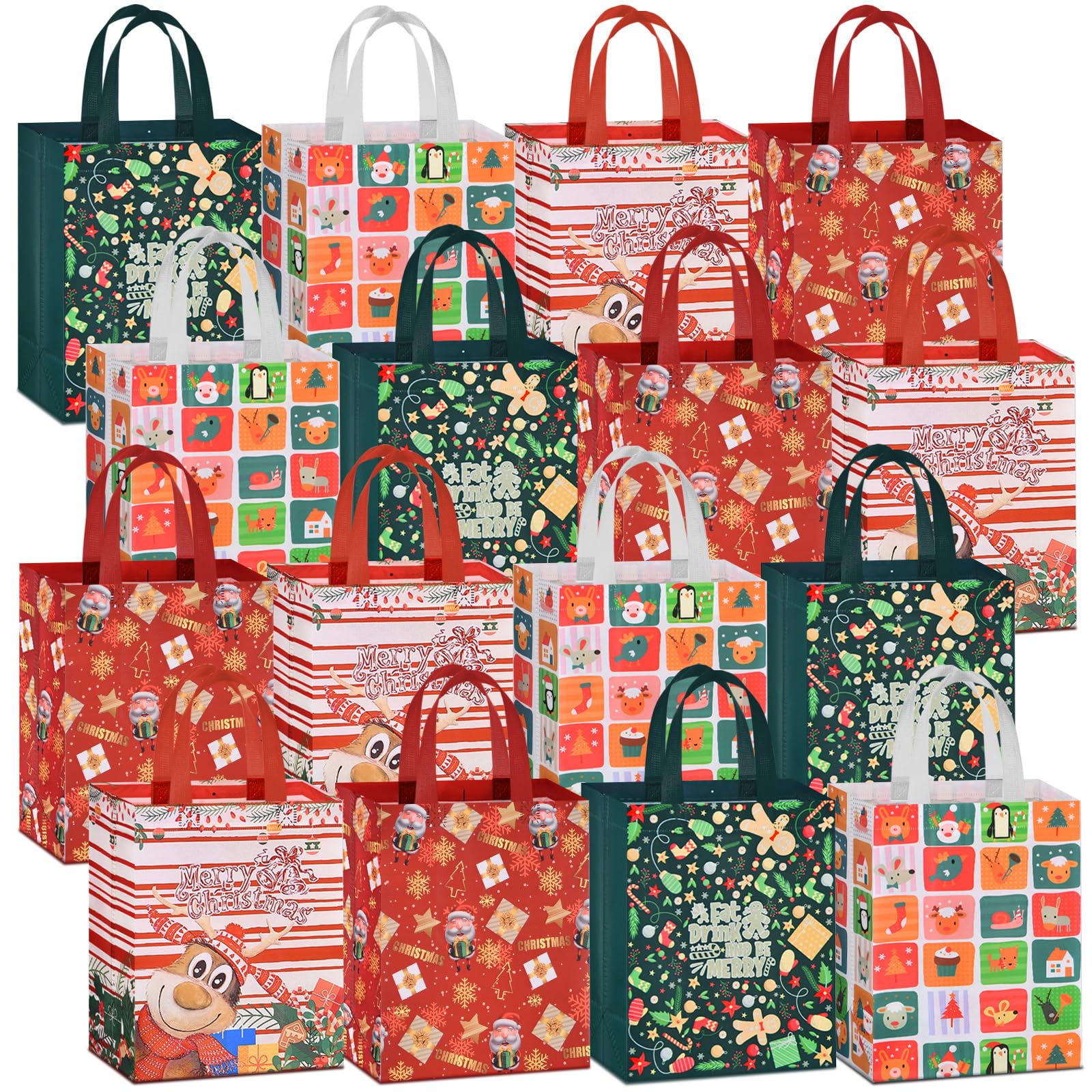 AhfuLife Christmas Bags for Gift, 26 x 21 x 12cm, 16pcs Xmas Gift Tote Bags with Handles, Reusable Multipack Non-woven Christmas Treat Shopping Bag for Children, Xmas Party Favor Decorations