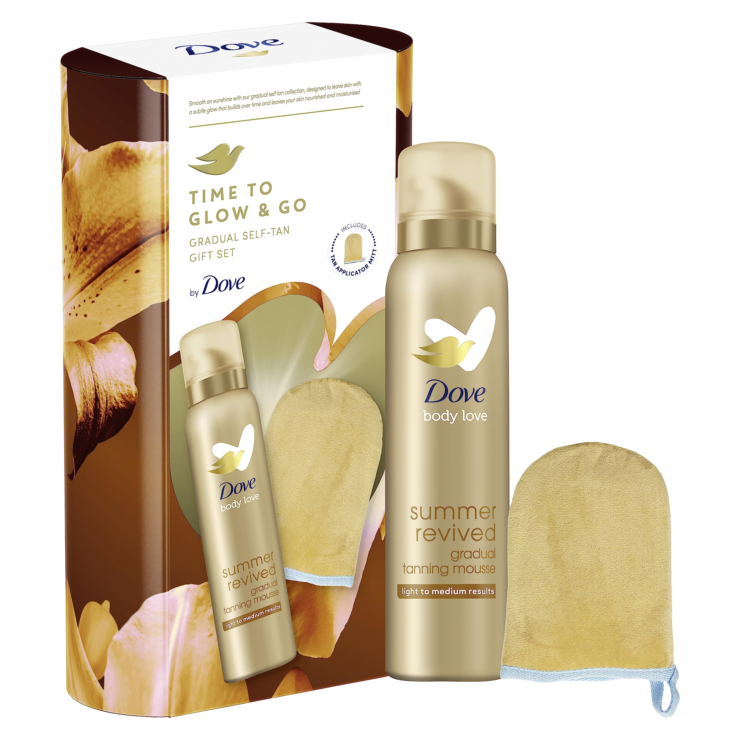 Dove Time to Glow and Go Gradual Self-Tan Gift Set with a tan applicator mitt perfect gifts for her 1 piece