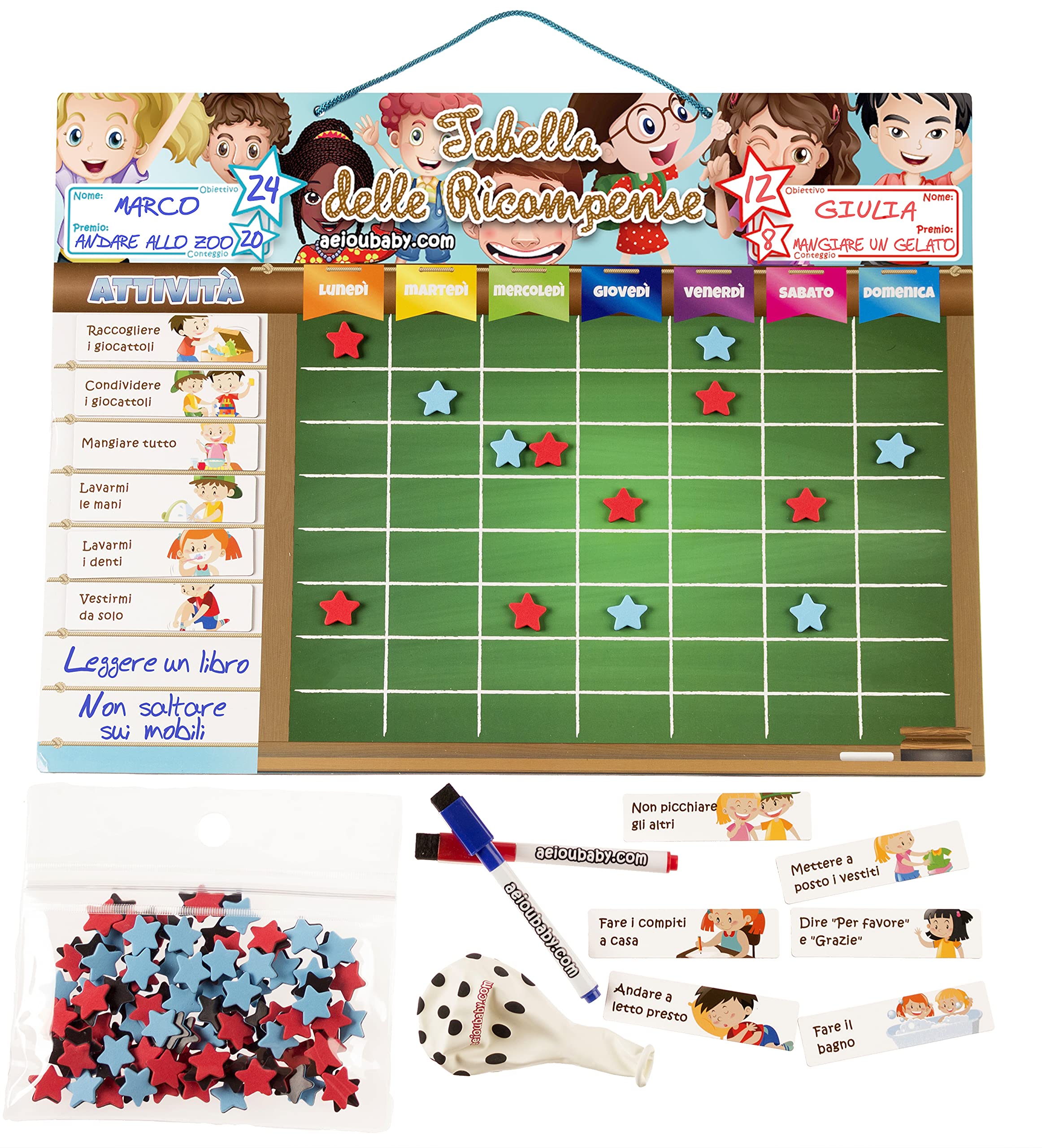 REWARD CHART Magnetic Large | Star Chart for wall or refrigerator 17x12.6 in.| 22 activities, 2 markers and 1 balloon | Presentation box perfect as a gift for children and birthdays (Italian)
