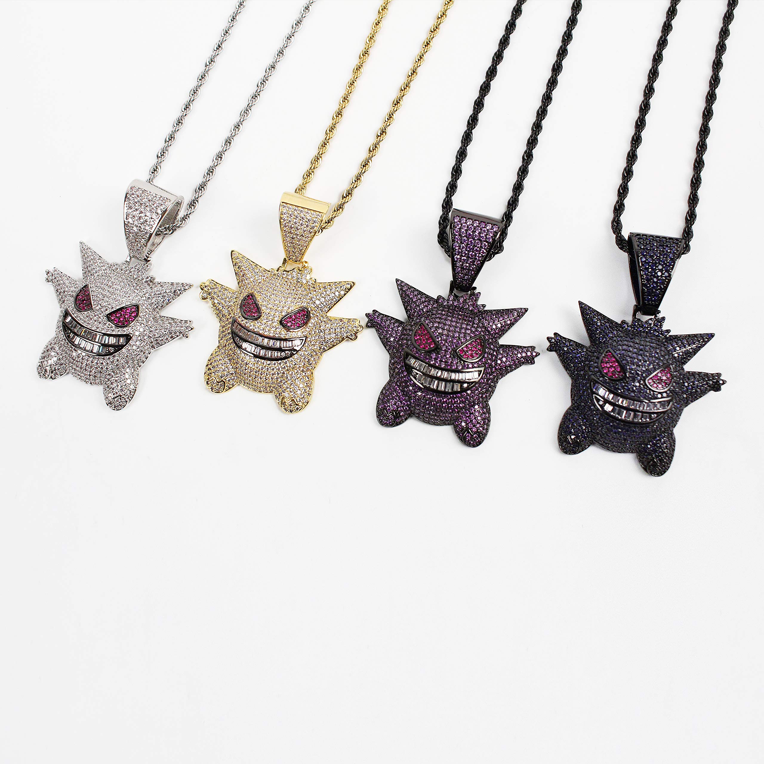 MTCLFTOO Hip Hop Gengar Pendant Jewelry Unisex Iced Out Necklace with Rope Chain+Mala Beads Bracelet Gift for Men Women-(Silver)