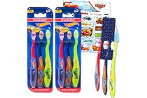 HOT WHEELS STORE Hot Wheels Cars Boys Toothbrush Set - 6 Pack Toddlers Kids Toothbrush Set with Geometric Bookmark and Cars Stickers (Toothbrushes for Kids)