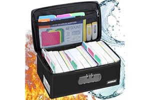 JUNDUN Fireproof Index Card Holder with Lock, Collapsible, Black, 4x6 Inch